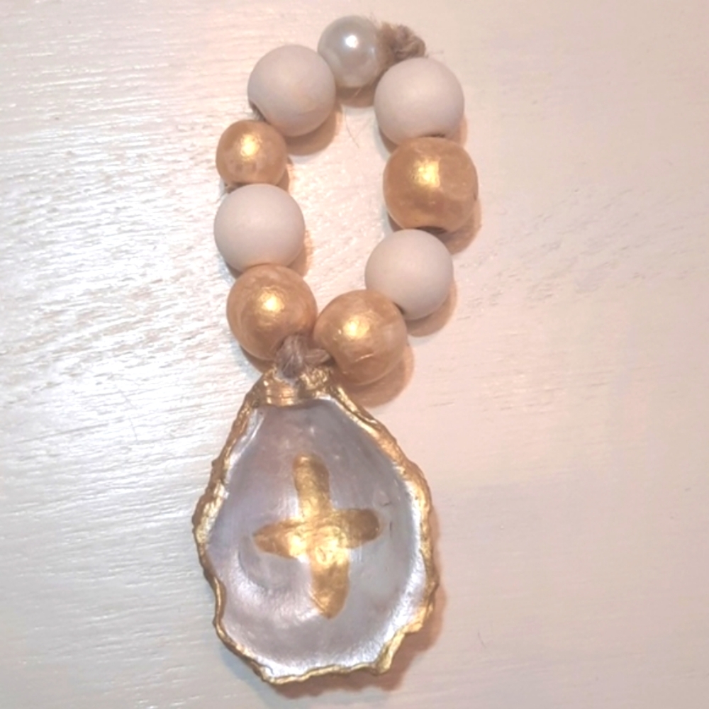 Prayer Beaded Oyster Shell With Cross Accent - Coastal Decor